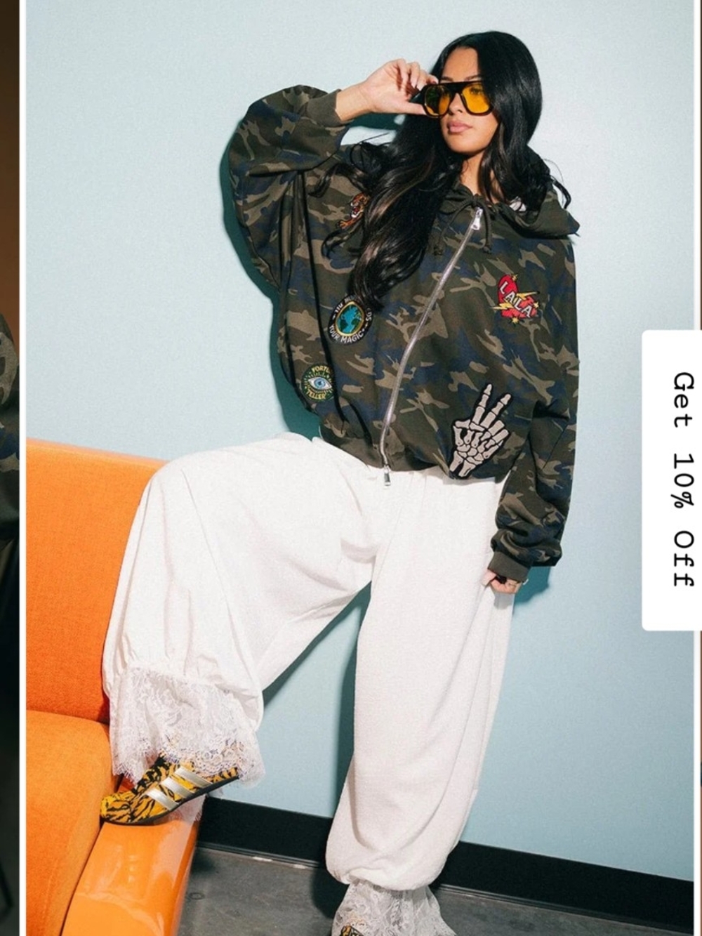 Dressedinlala Rebel Heart Camo Patched Zip Up Hoodie